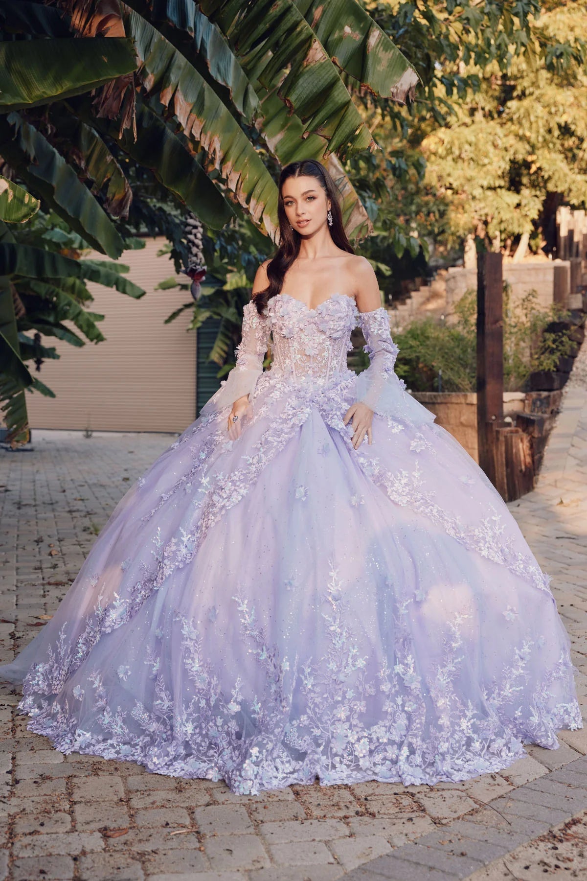 Juliet 3D Floral Strapless Bell Sleeve Quinceañera Ball Gown JT1459J - Rosa Apparel