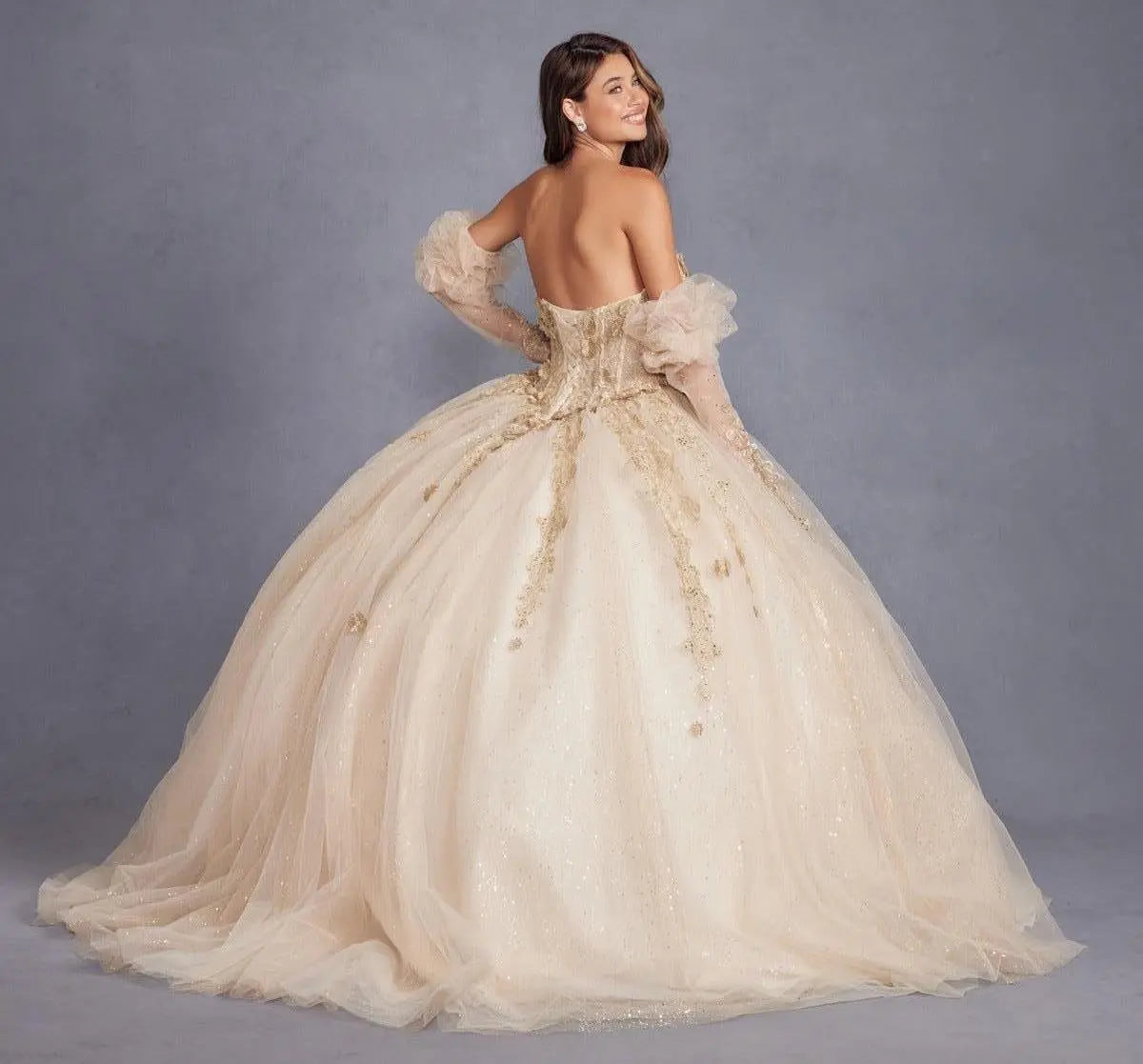 Juliet Off-The-Shoulder Embroidery 3D Flowers Applique Quinceanera Ball Gown Juliet