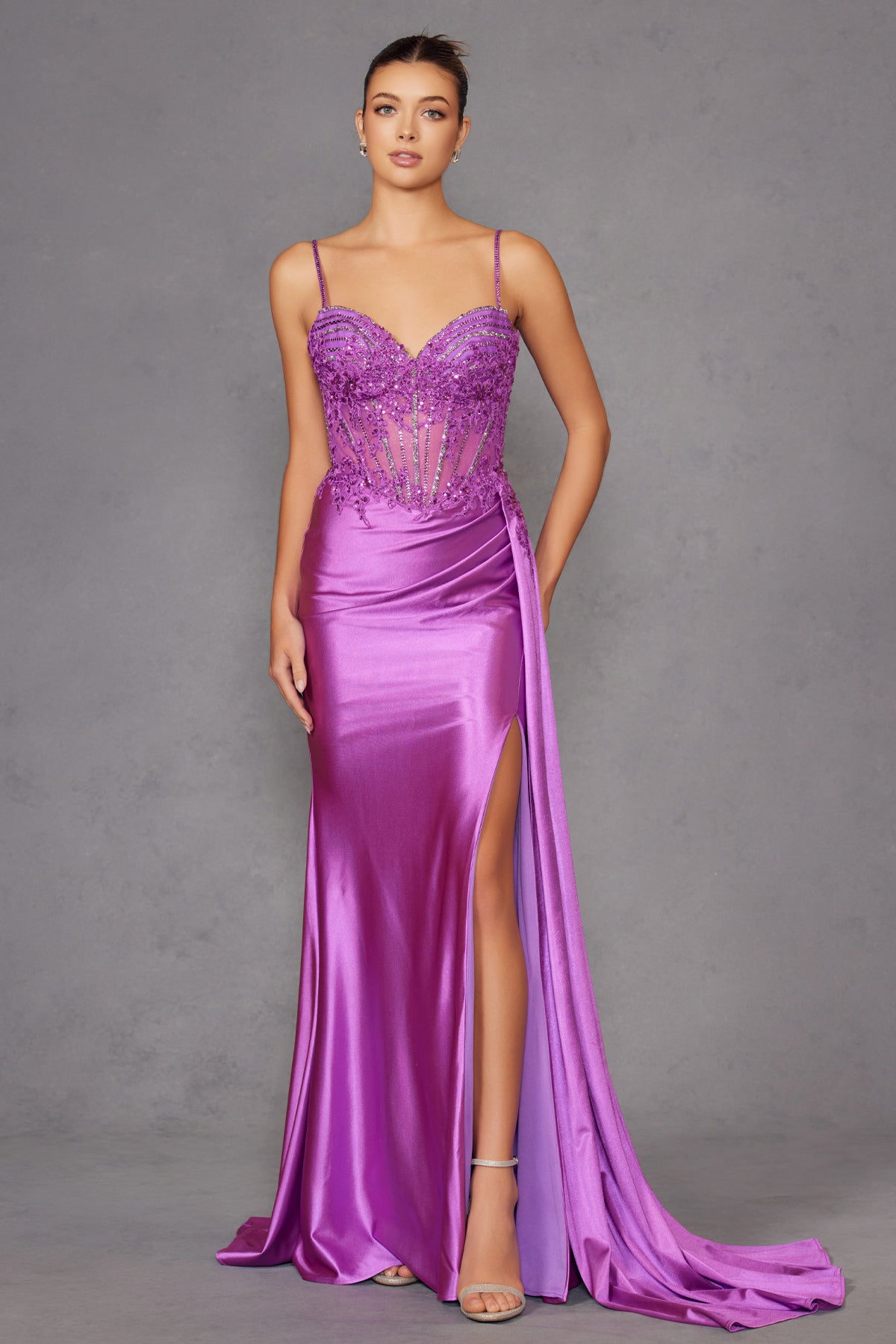 Juliet Spaghetti Strap Sweetheart Neckline Sequin High Slit Evening Gown - JT2535K Juliet