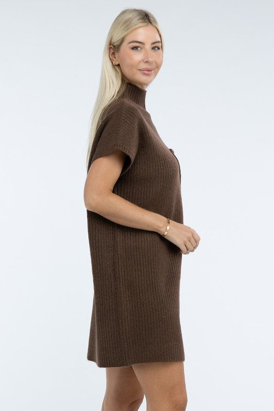 Mock Neck Short Sleeve Sweater Dress with Pocket ZENANA