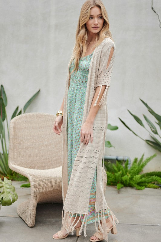 Solid Long Cardigan With Fringe Davi & Dani