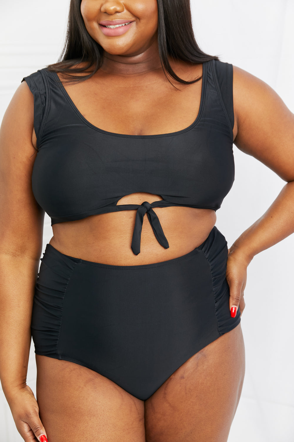 Marina West Swim Sanibel Crop Swim Top and Ruched Bottoms Set in Black - Rosa Apparel