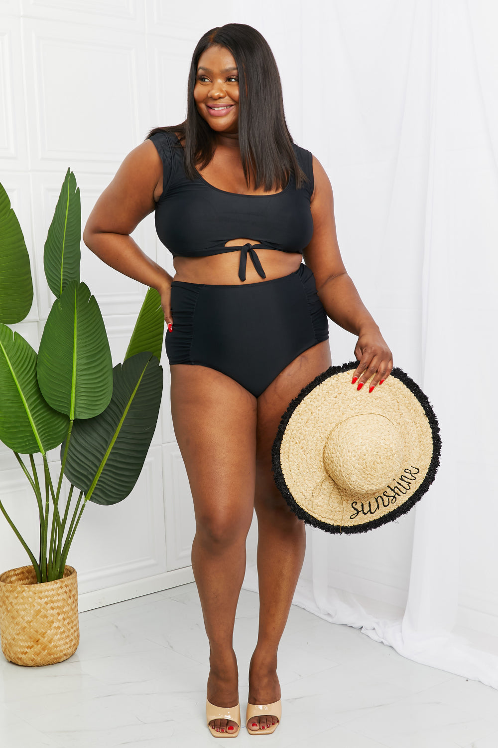 Marina West Swim Sanibel Crop Swim Top and Ruched Bottoms Set in Black - Rosa Apparel