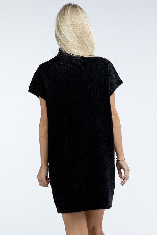 Mock Neck Short Sleeve Sweater Dress with Pocket ZENANA