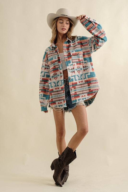 Frayed Aztec Western Shacket Blue B