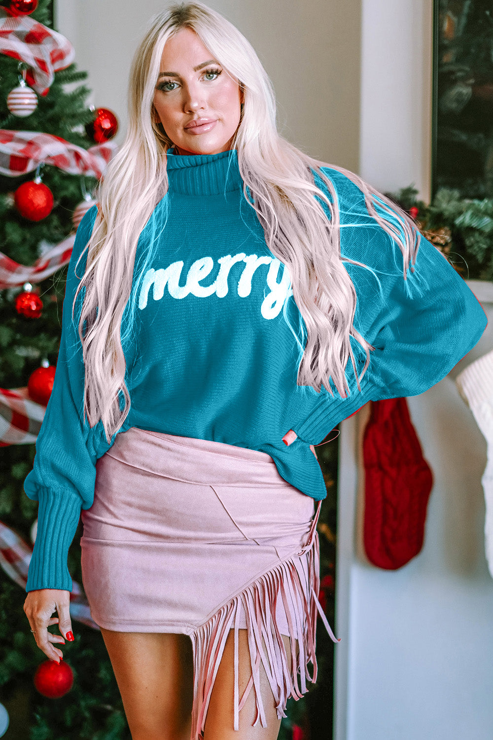 Double Take Full Size Merry Christmas Turtleneck Long Sleeve Sweater Trendsi