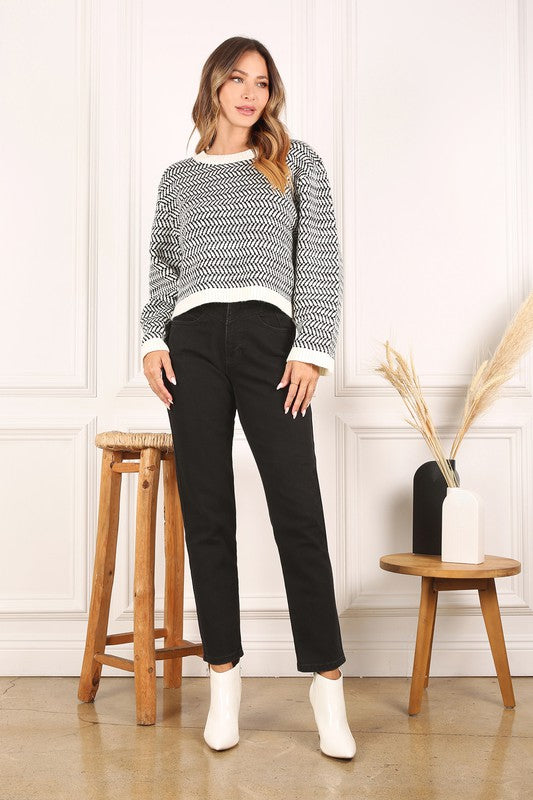 Herringbone Pattern Crew Neck Sweater Lilou