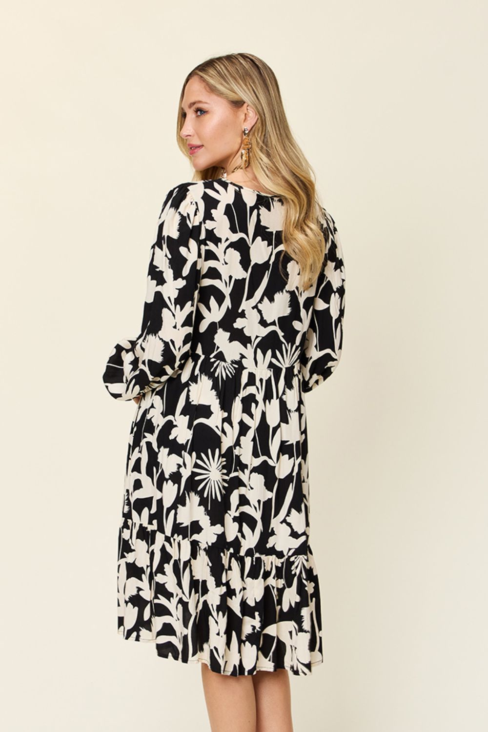 Double Take Full Size Printed Ruffle Hem Long Sleeve Midi Dress Double Take