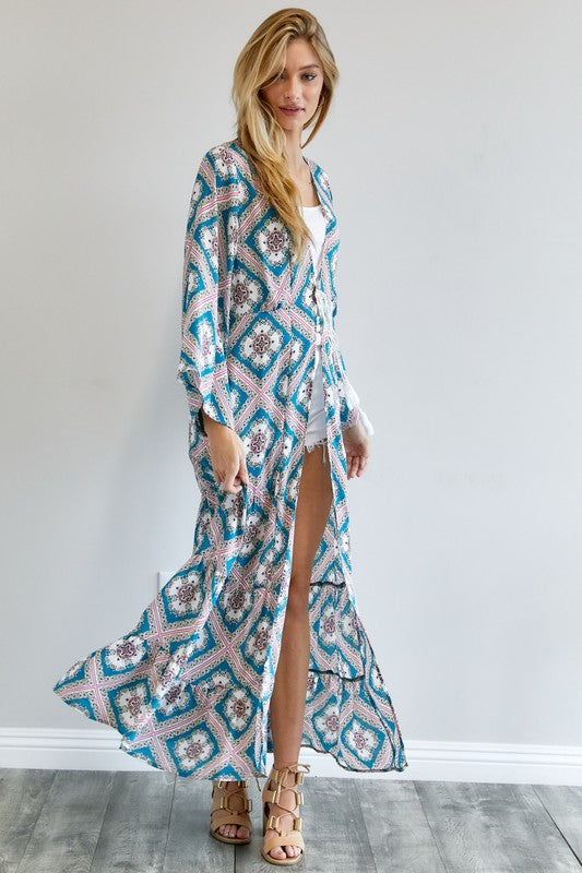 Printed Long Sleeve Loose Kimono Davi & Dani