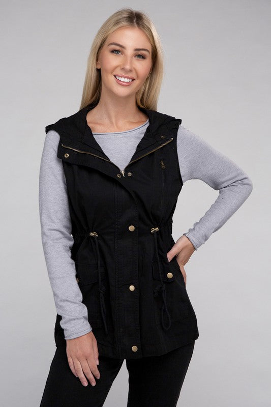 Drawstring Waist Military Hoodie Vest ZENANA