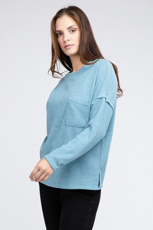 Ribbed Brushed Melange Hacci Sweater with a Pocket ZENANA