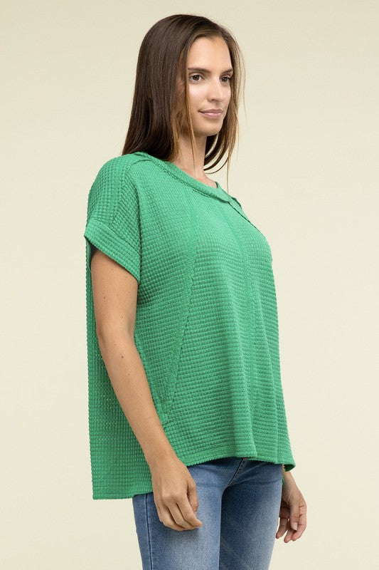 Zenana Brushed Waffle Exposed-Seam Short Sleeve Top