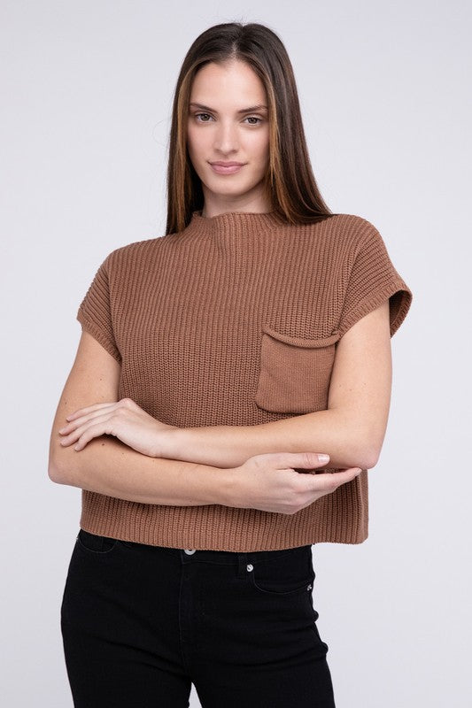 Mock Neck Short Sleeve Cropped Sweater ZENANA