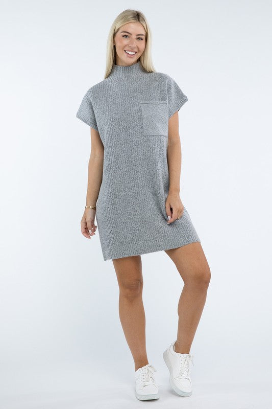 Mock Neck Short Sleeve Sweater Dress with Pocket ZENANA