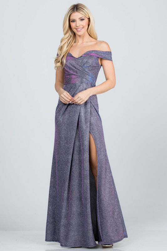 Off the shoulder glittery jacquard gathered gown LA SCALA