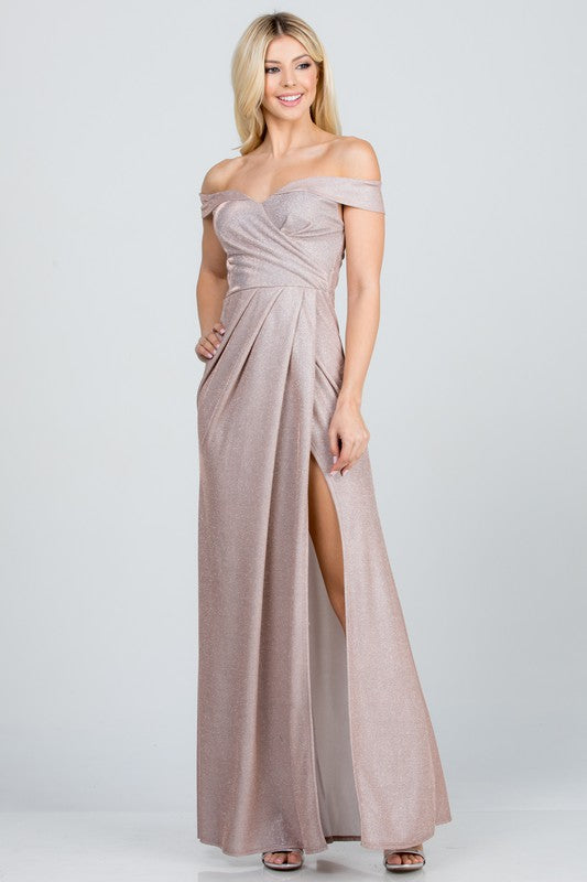 La Scala Off Shoulder Glittery Jacquard Gathered Gown - Rosa Apparel