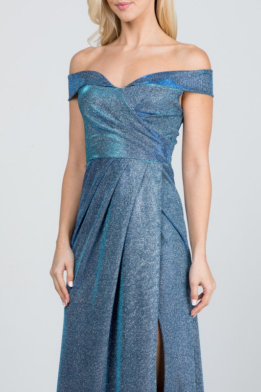 Off the shoulder glittery jacquard gathered gown LA SCALA