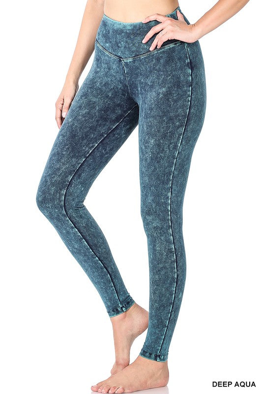 Mineral Washed Wide Waistband Yoga Leggings ZENANA