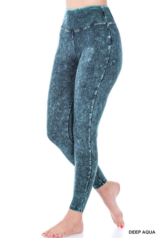 Mineral Washed Wide Waistband Yoga Leggings ZENANA