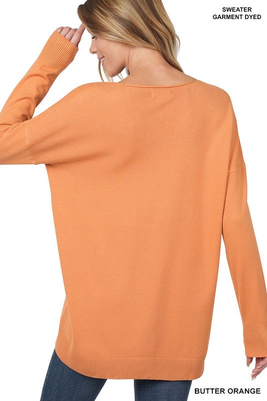 Hi-Low Garment Dyed V-Neck Front Seam Sweater ZENANA