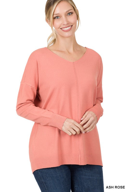 Hi-Low Garment Dyed V-Neck Front Seam Sweater ZENANA