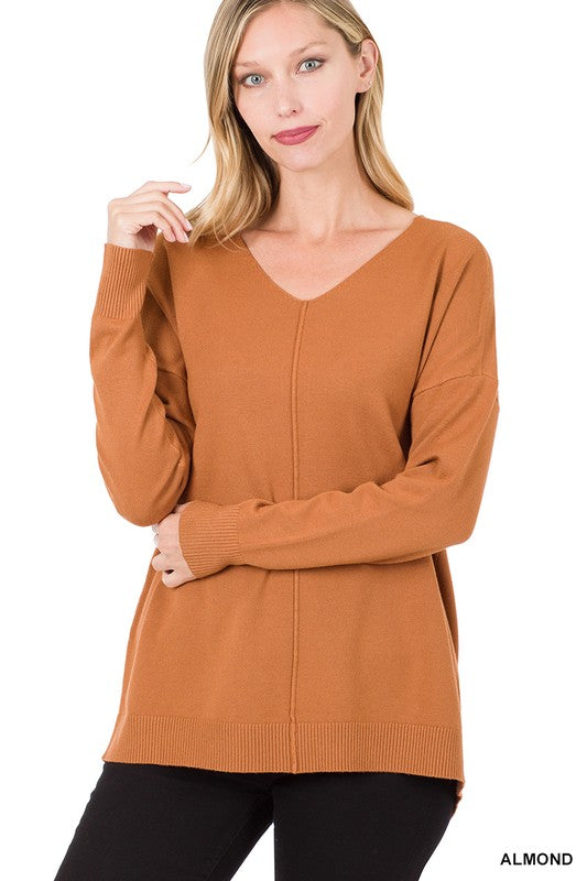 Hi-Low Garment Dyed V-Neck Front Seam Sweater ZENANA