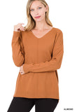 Hi-Low Garment Dyed V-Neck Front Seam Sweater ZENANA