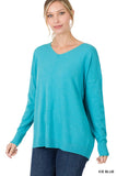 Hi-Low Garment Dyed V-Neck Front Seam Sweater ZENANA