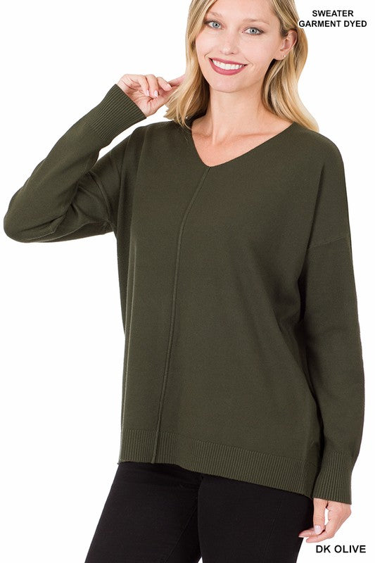 Hi-Low Garment Dyed V-Neck Front Seam Sweater ZENANA