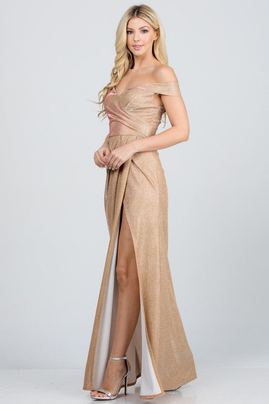 Off the shoulder glittery jacquard gathered gown LA SCALA