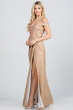 Off the shoulder glittery jacquard gathered gown LA SCALA