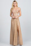 Off the shoulder glittery jacquard gathered gown LA SCALA