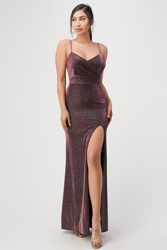 La Scala Sparkling Mermaid Knit Jacquard Side Gather Spaghetti Straps Gown - Rosa Apparel