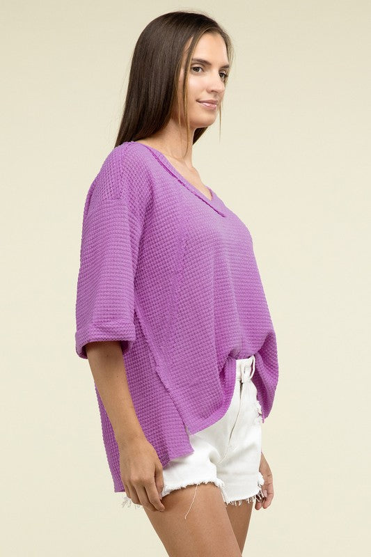 Zenana Brushed Waffle Exposed-Seam 3/4 Sleeve Top