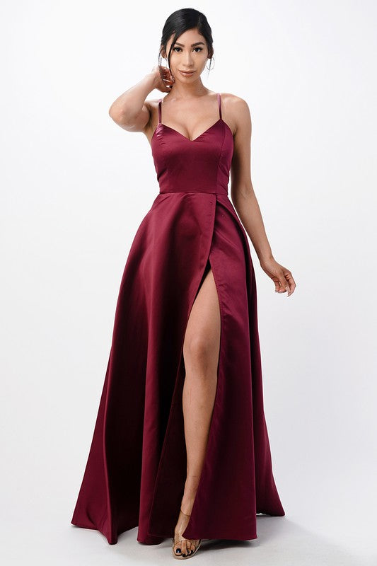 La Scala Open Side Back Spaghetti Zig Zag Tie Satin Gown - Rosa Apparel