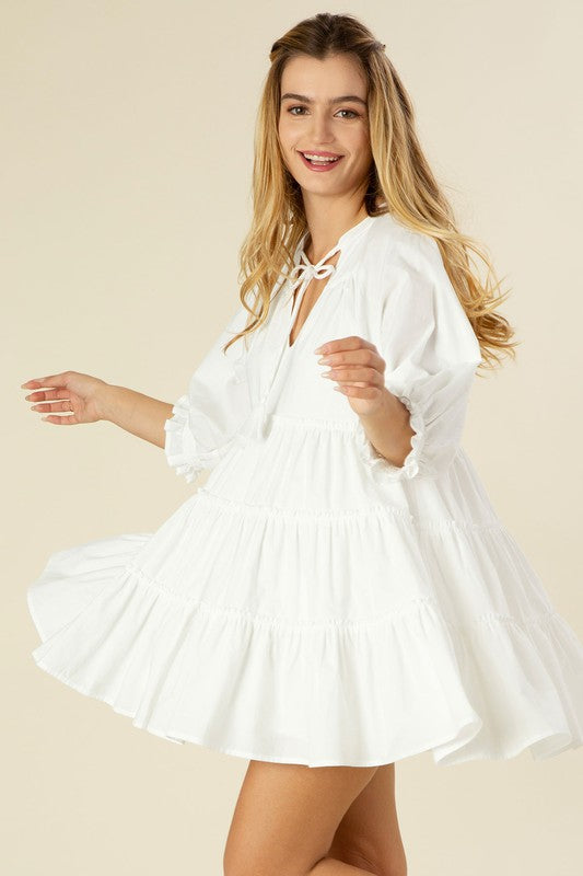 Lilou V-Neck 3/4 Raglan Sleeves Tiered Mini Dress With Tassel Lilou