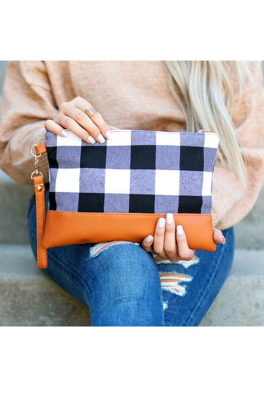 Aili's Corner Cotton Buffalo Plaid PU Leather Trim Clutch Aili's Corner