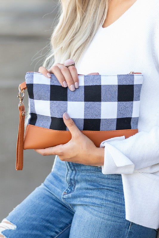 Aili's Corner Cotton Buffalo Plaid PU Leather Trim Clutch Aili's Corner