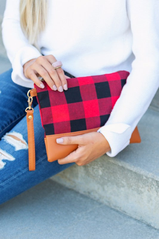 Aili's Corner Cotton Buffalo Plaid PU Leather Trim Clutch Aili's Corner