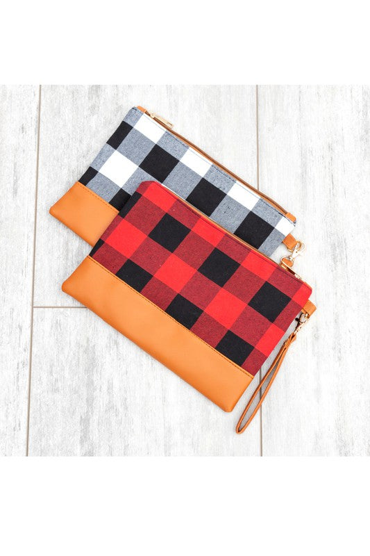 Aili's Corner Cotton Buffalo Plaid PU Leather Trim Clutch Aili's Corner