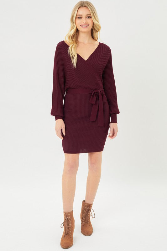 Off Shoulder Wrap Belted Ribbed Knit Dress Love Tree