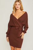 Off Shoulder Wrap Belted Ribbed Knit Dress Love Tree