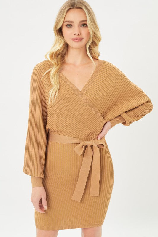 Off Shoulder Wrap Belted Ribbed Knit Dress Love Tree