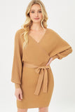 Off Shoulder Wrap Belted Ribbed Knit Dress Love Tree