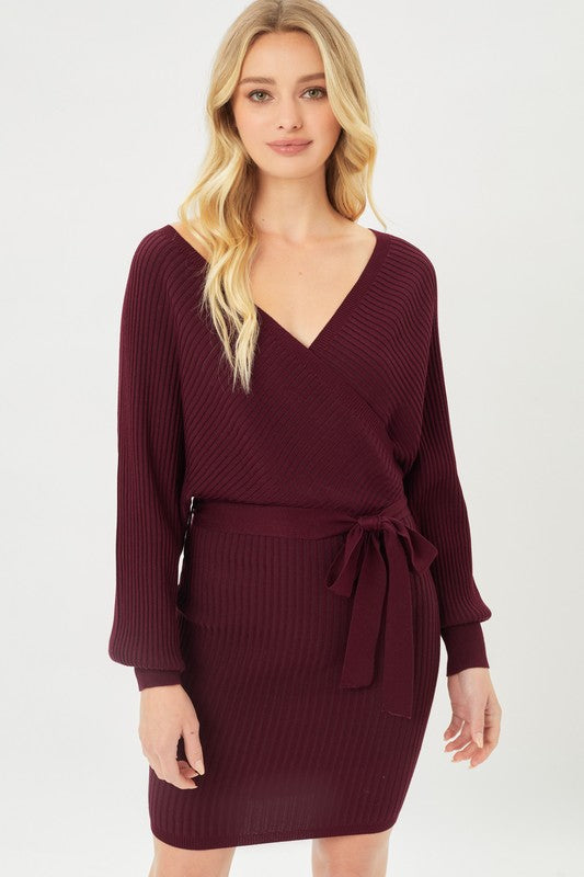 Off Shoulder Wrap Belted Ribbed Knit Dress Love Tree