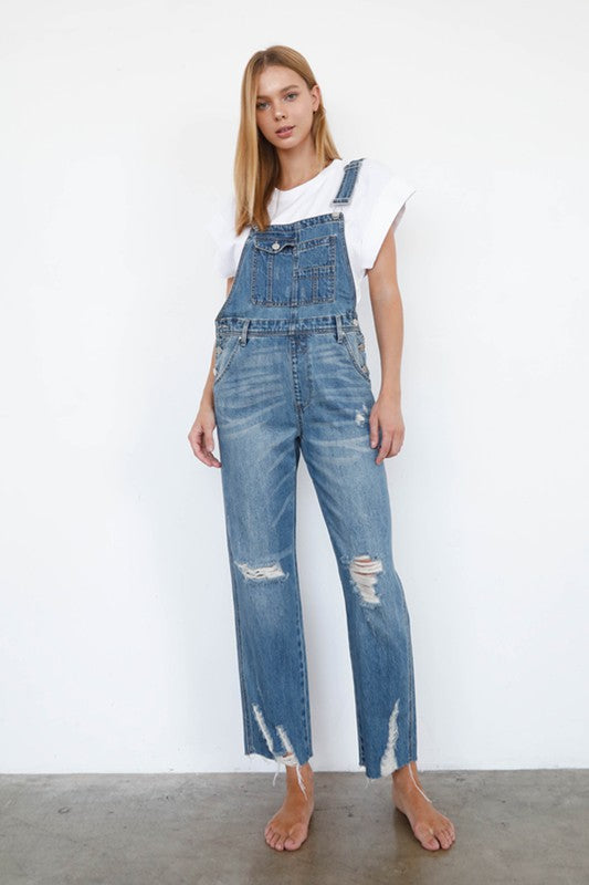 High Waist Ripped Straight Denim Overall Jumpsuit Denim Lab USA