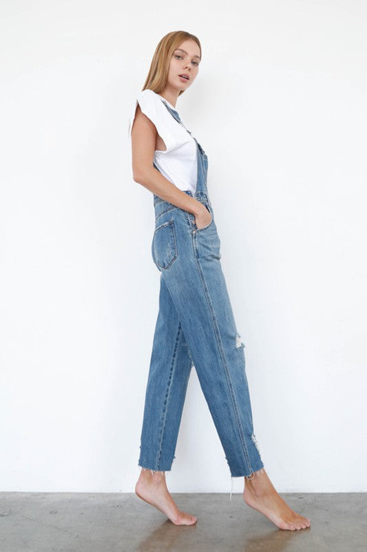 High Waist Ripped Straight Denim Overall Jumpsuit Denim Lab USA