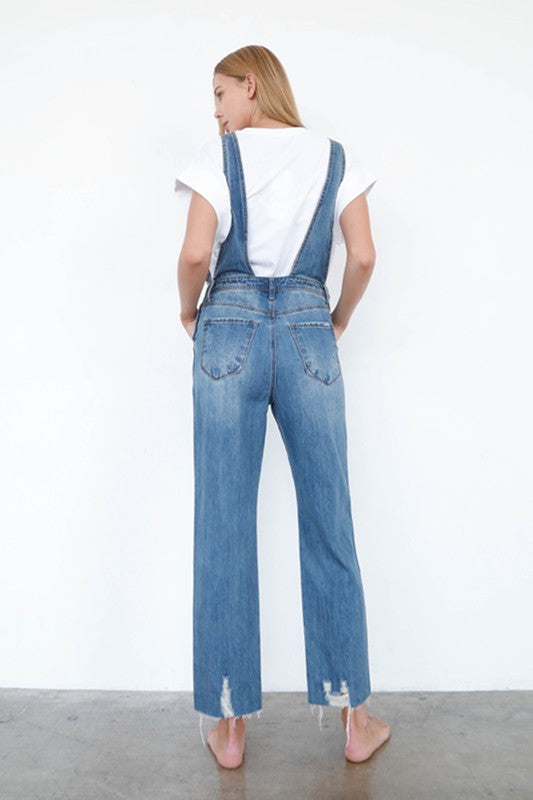 High Waist Ripped Straight Denim Overall Jumpsuit Denim Lab USA