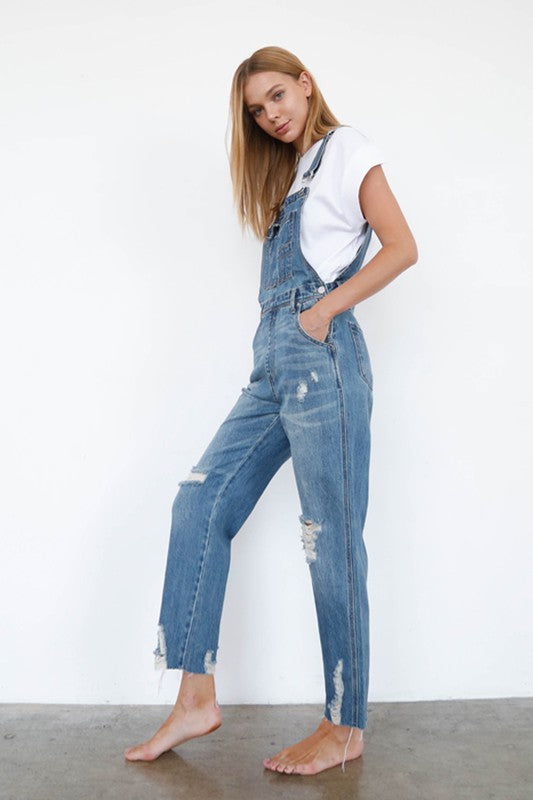 High Waist Ripped Straight Denim Overall Jumpsuit Denim Lab USA