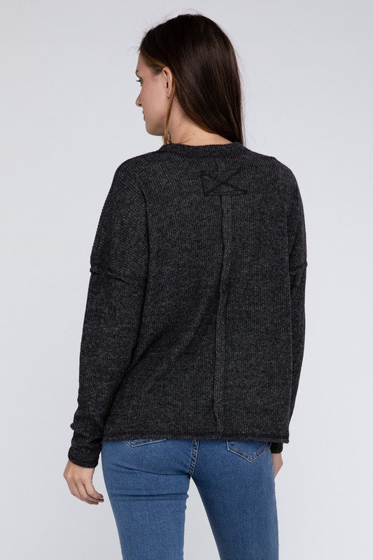 Ribbed Brushed Melange Hacci Sweater with a Pocket ZENANA